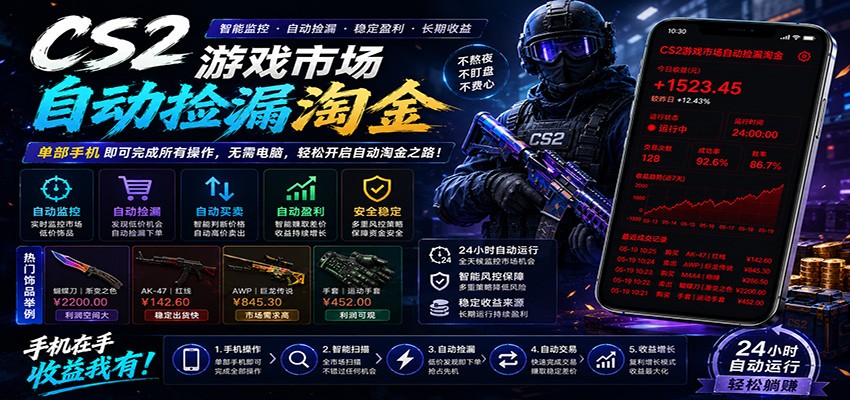 CSGO挂机捡漏项目通过利用游戏饰品交易机制,结合薄凉软件辅助捡漏,实现盈利