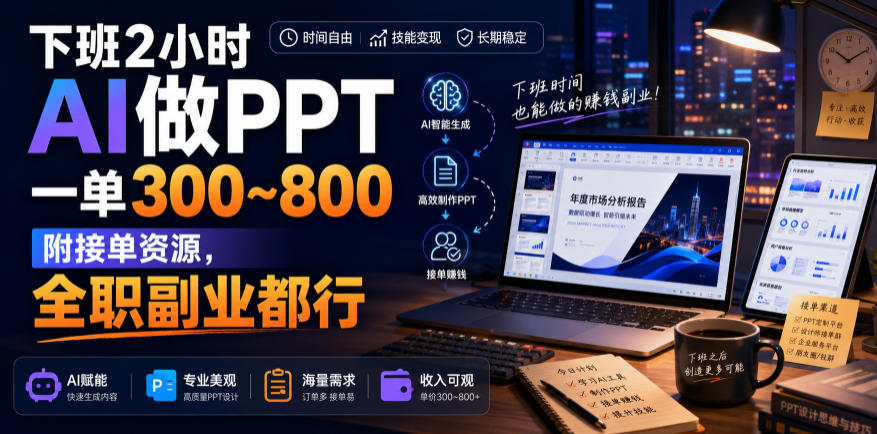 下班2小时AI做PPT,一单300~800,附接单资源,全职副业都行【揭秘】