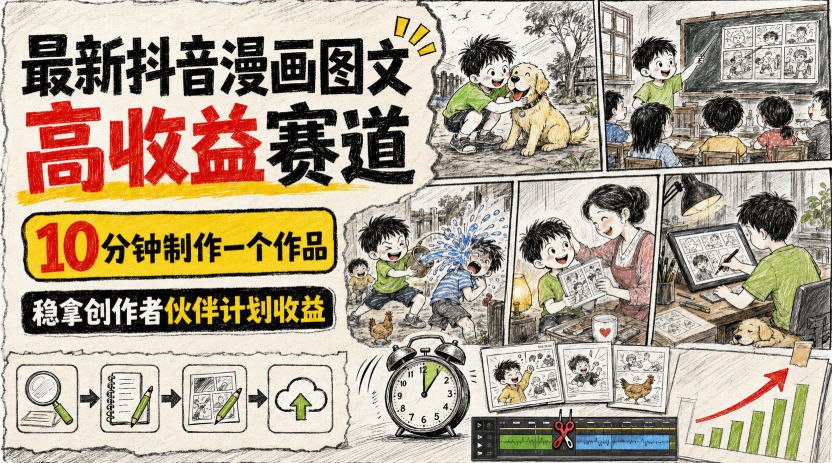 最新抖音漫画图文高收益赛道，10分钟制作一个作品，稳拿创作者伙伴计划收益