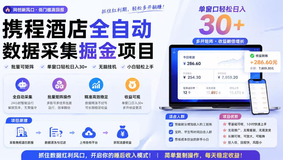 携程酒店采集挂G项目,批量可矩阵,单机轻松日入300+,开启你的睡后收入模式!【揭秘】