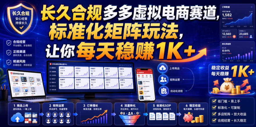长久合规多多虚拟电商赛道，标准化矩阵玩法，让你每天稳賺1K+【揭秘】