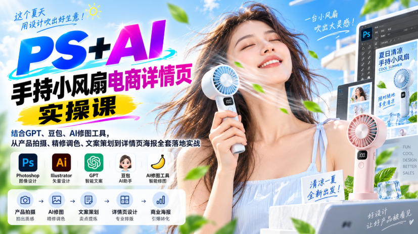PS+AI手持小风扇电商详情页实操课|结合GPT、豆包、AI修图工具,从产品拍摄、精修调色、文案策划到详情页海报全套落地实战