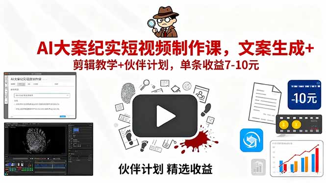 （15992期）AI大案纪实短视频制作课，文案生成+剪辑教学+伙伴计划，单条收益7-10元