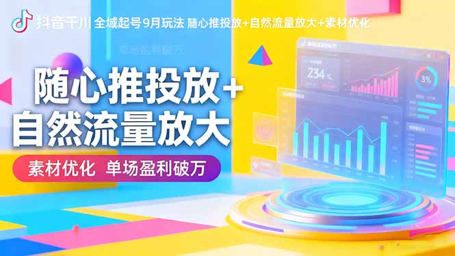 (16406期)抖音千川全域起号9月玩法 随心推投放+自然流量放大+素材优化 单场盈利破万