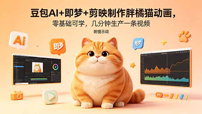(18431期)豆包AI+即梦+剪映制作胖橘猫动画,零基础可学,几分钟生产一条视频,附提示词