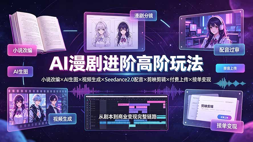 （19430期）AI漫剧进阶高阶玩法：小说改编×AI生图×视频生成×Seedance2.0配音×剪映剪辑×付费上传×接单变现