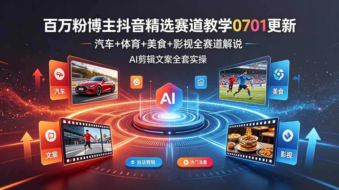 (19144期)百万粉博主抖音精选赛道教学-0701更新,汽车+体育+美食+影视全赛道解说,AI剪辑文案全套实操