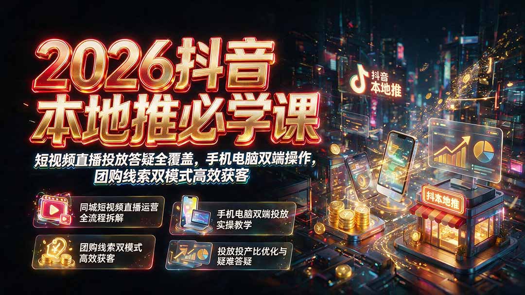 (19618期)2026抖音本地推必学课|短视频直播投放答疑全覆盖,手机电脑双端操作,团购线索双模式高效获客