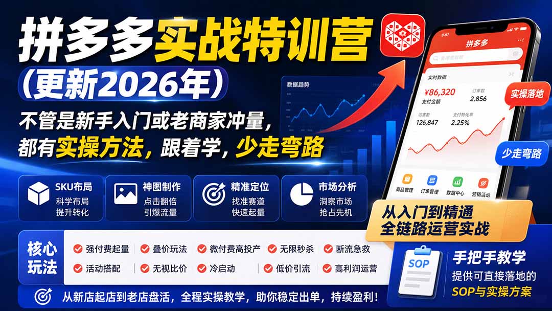 （20092期）拼多多实战特训营(更新26年0827)：不管是新手入门或老商家冲量，都有实操方法，跟着学，少走弯路