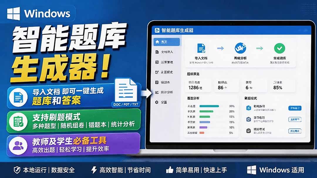 (19855期)Windows 智能题库刷题软件!导入文档一键生成题库和答案,并支持刷题模式,教师及学生必备工具 原创