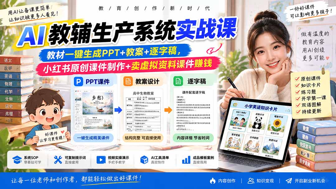 (20583期)AI教辅生产系统实战课-更新0922|教材一键生成PPT+教案+逐字稿,小红书原创课件制作+卖虚拟资料课件赚钱