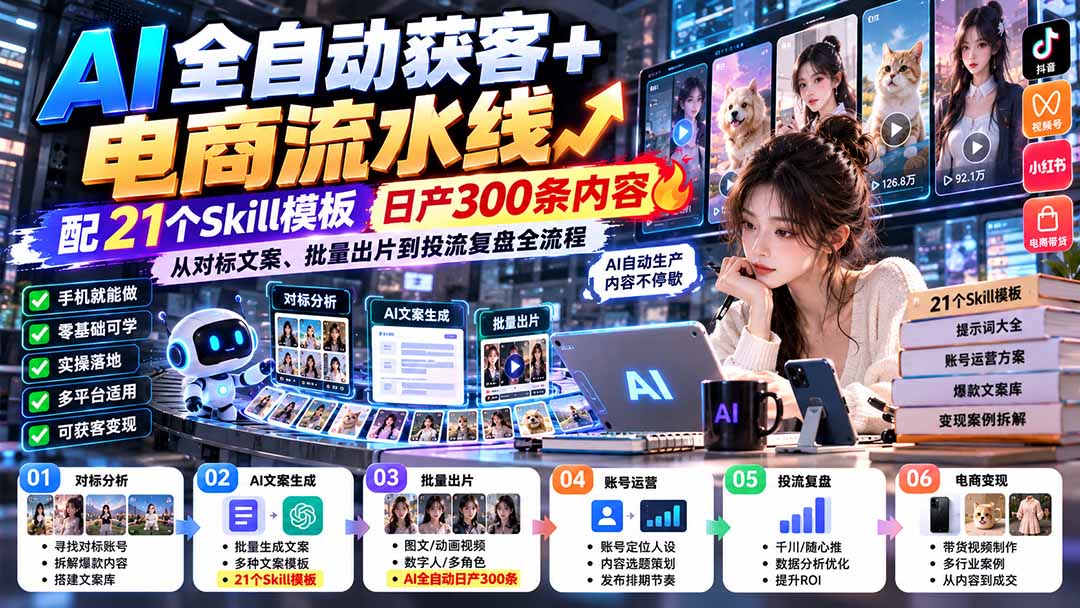 (20713期)【无水印】AI全自动获客+电商流水线-更新0929:配21个Skill模板,日产300条内容,从对标文案、批量出片到投流全流程