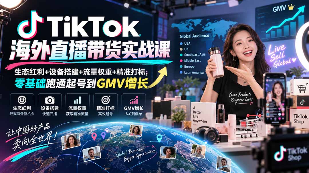 （20465期）TikTok海外直播带货实战课｜生态红利+设备搭建+流量权重+精准打标，零基础跑通起号到GMV增长