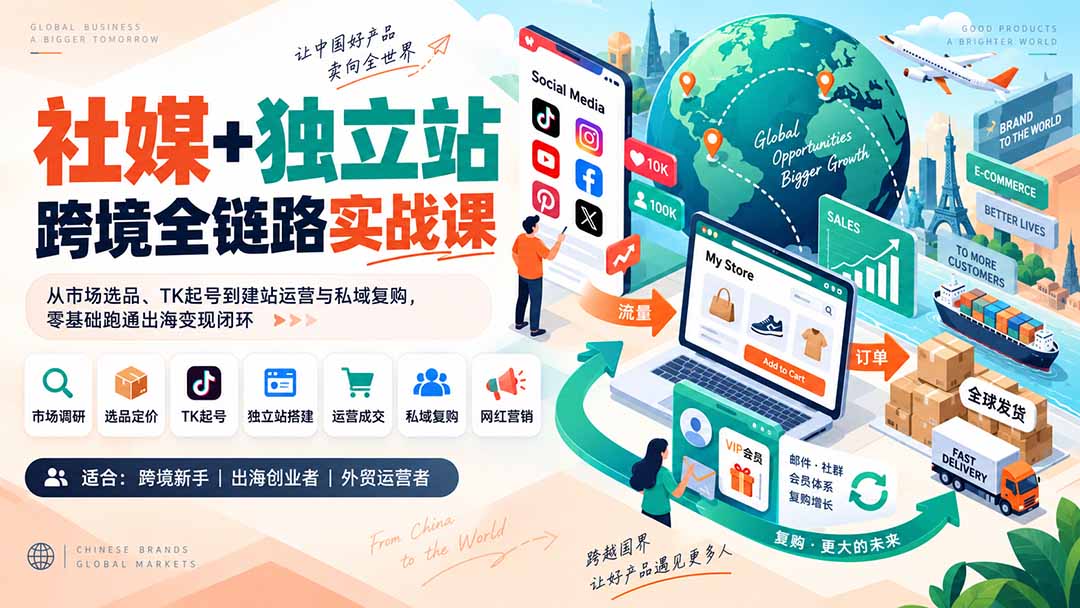 （20361期）社媒+独立站跨境全链路实战课：从市场选品、TK起号到建站运营与私域复购，零基础跑通出海变现闭环