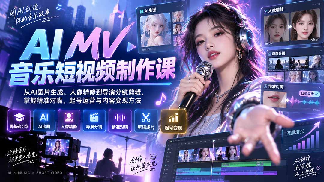 （20364期）AI MV音乐短视频制作课：从AI图片生成、人像精修到导演分镜剪辑，掌握精准对嘴、起号运营与内容变现方法