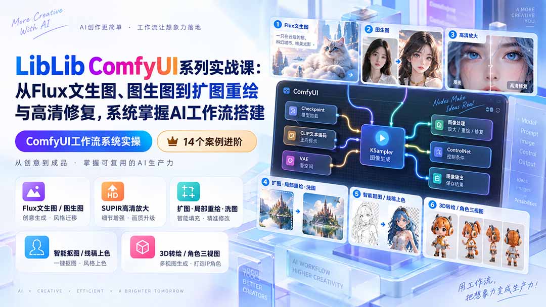 （20368期）LibLib ComfyUI系列实战课：从Flux文生图、图生图到扩图重绘与高清修复，系统掌握AI工作流搭建