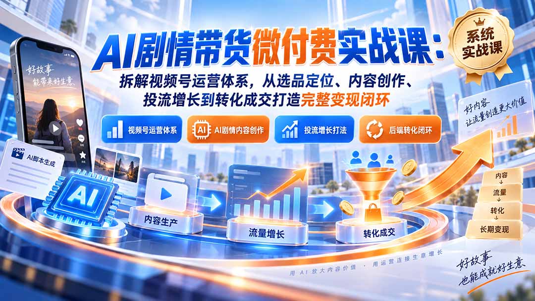 （20611期）AI剧情带货微付费实战课：拆解视频号运营体系，从选品定位、内容创作、投流增长到转化成交打造完整变现闭环