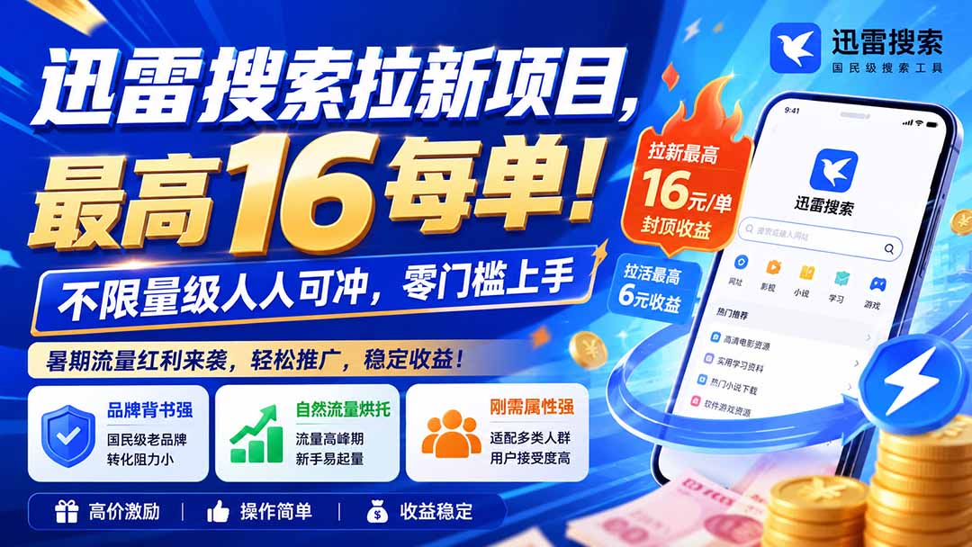 (20355期)迅雷搜索拉新项目-更新0909,最高16元/每单!不限量级人人可冲,零门槛上手