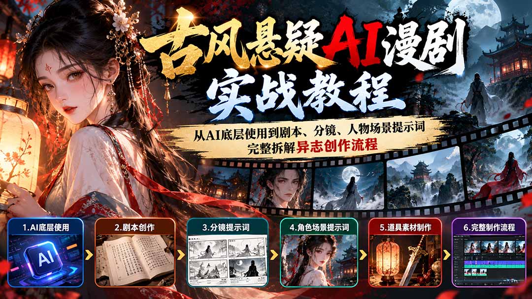 (20798期)古风悬疑AI漫剧实战教程:从AI底层使用到剧本、分镜、人物场景提示词,完整拆解异志创作流程