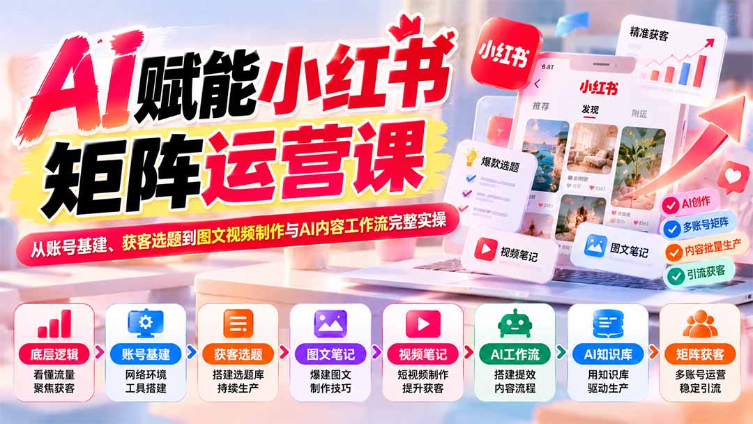 (20822期)AI赋能小红书矩阵运营课:从账号基建、获客选题到图文视频制作与AI内容工作流完整实操