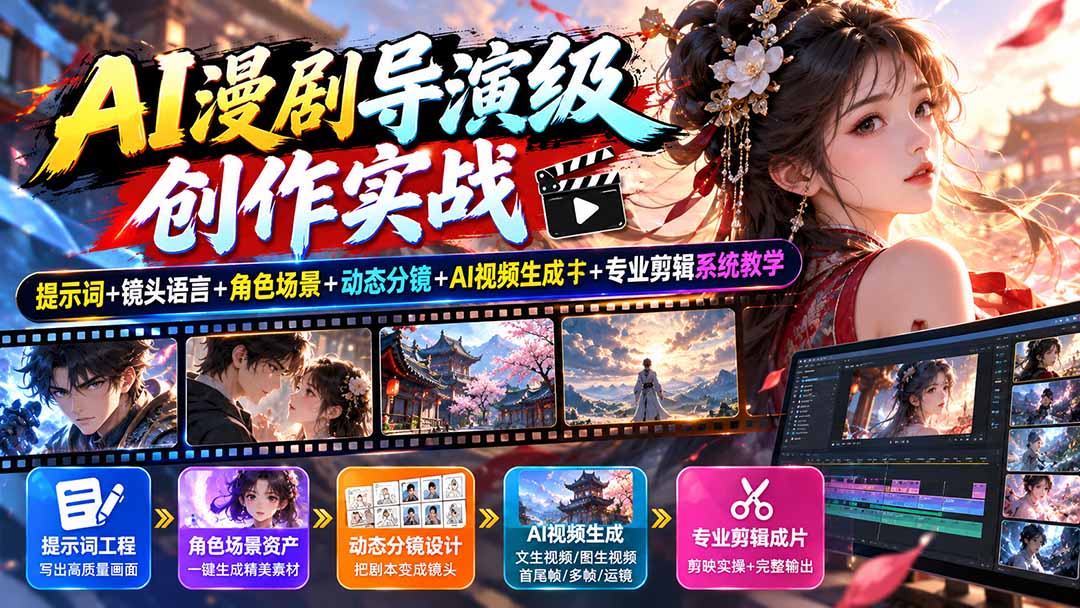 (20814期)AI漫剧导演级创作实战:提示词+镜头语言+角色场景+动态分镜+AI视频生成+专业剪辑系统教学