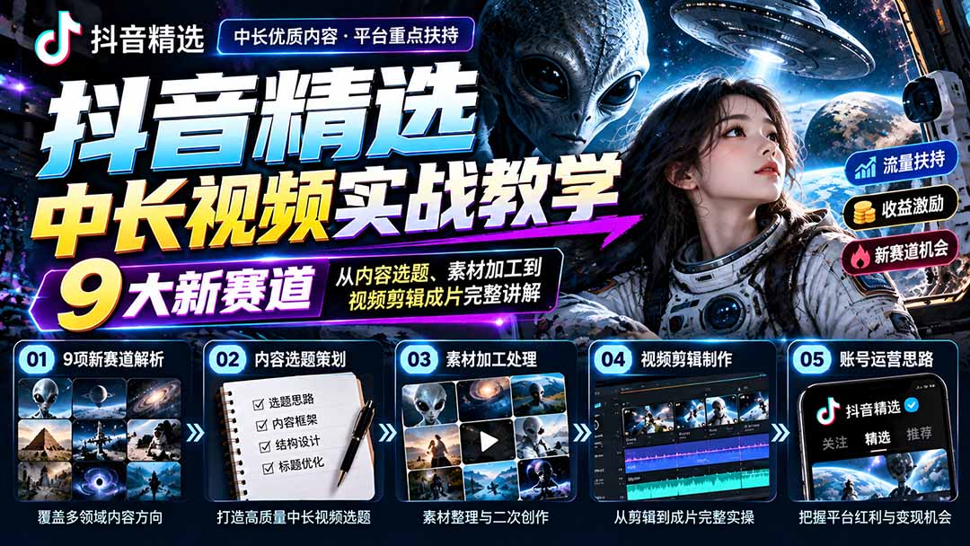 (20775期)抖音精选中长视频实战教学:拆解9项细分赛道,从内容选题、素材加工到视频剪辑成片完整讲解