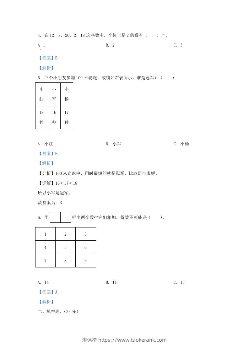 图片[2]-2022-2023学年江苏省南通市海安市一年级上册数学期末试题及答案(Word版)-淘课榜