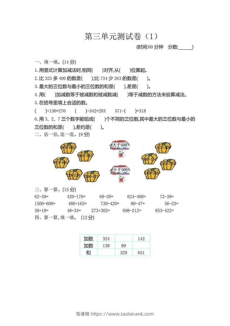 二（下）青岛版数学第三单元检测卷.1（54制）-淘课榜