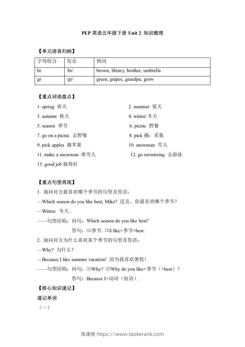 五年级英语下册单元知识梳理-Unit2Myfavouriteseason（人教PEP版）-淘课榜