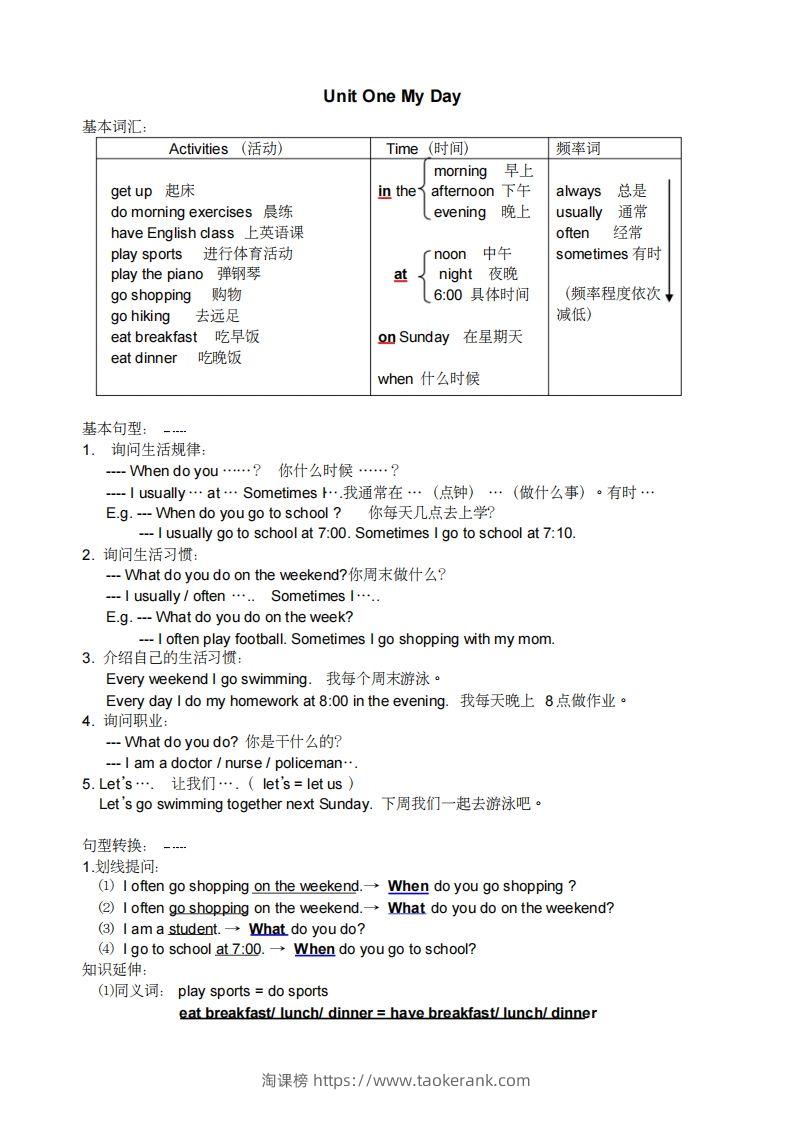 五年级英语下册小学知识点整理（人教PEP版）-淘课榜