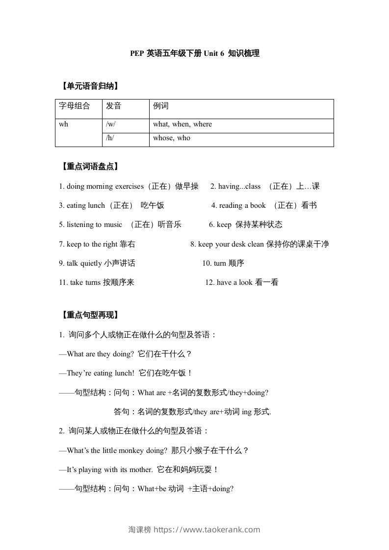 五年级英语下册【完美】单元知识梳理-Unit6Workquietly（人教PEP版）-淘课榜