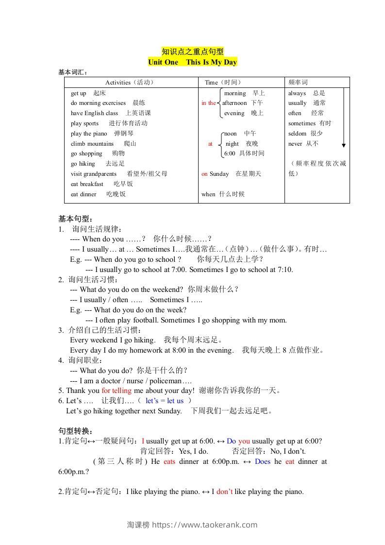 五年级英语下册知识点之重点句型（人教PEP版）-淘课榜