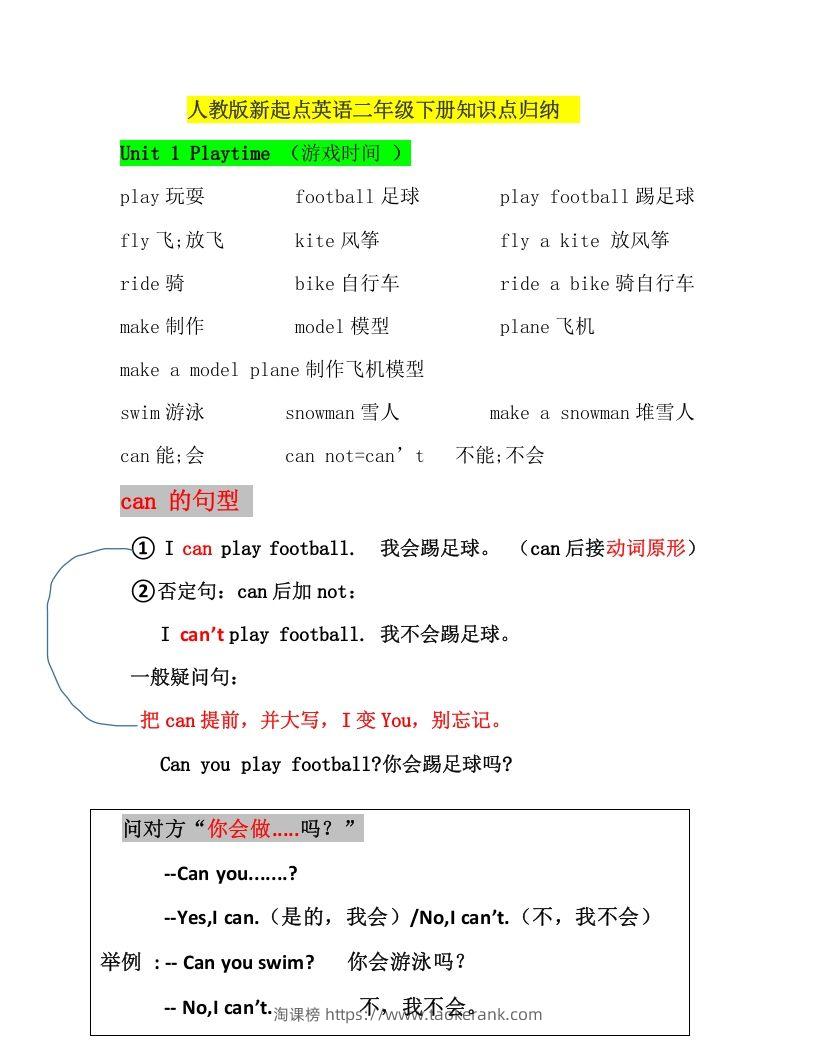 二年级英语下册新起点sl版2单元知识点汇总（人教版）-淘课榜
