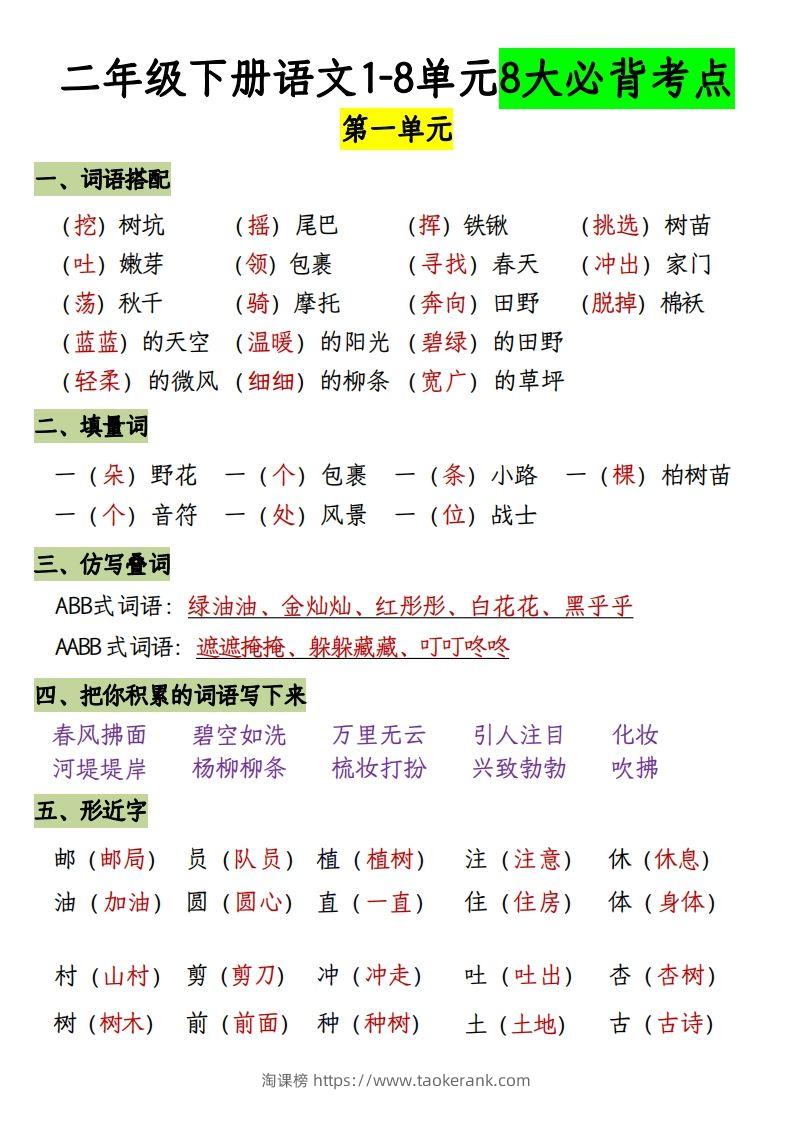 二下册语文1-8单元8大考点必背（1-4单元）(1)-淘课榜