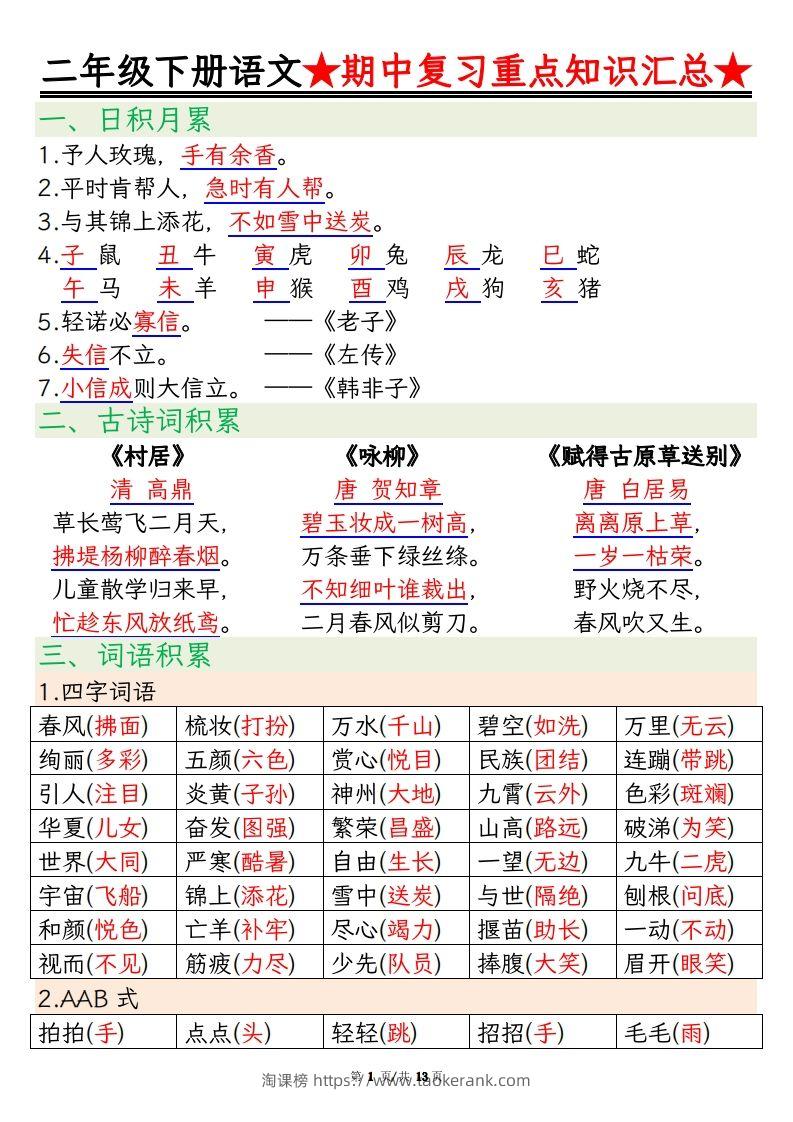 【语文】二年级下册语文期中重点知识汇总(1)-淘课榜
