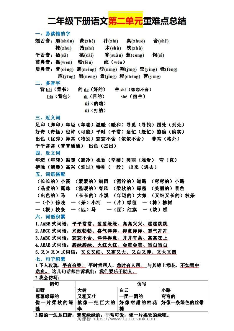 图片[2]-二下语文全册知识点-淘课榜