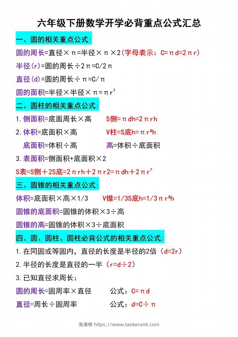 六年级下册数学必背重点公式汇总-淘课榜