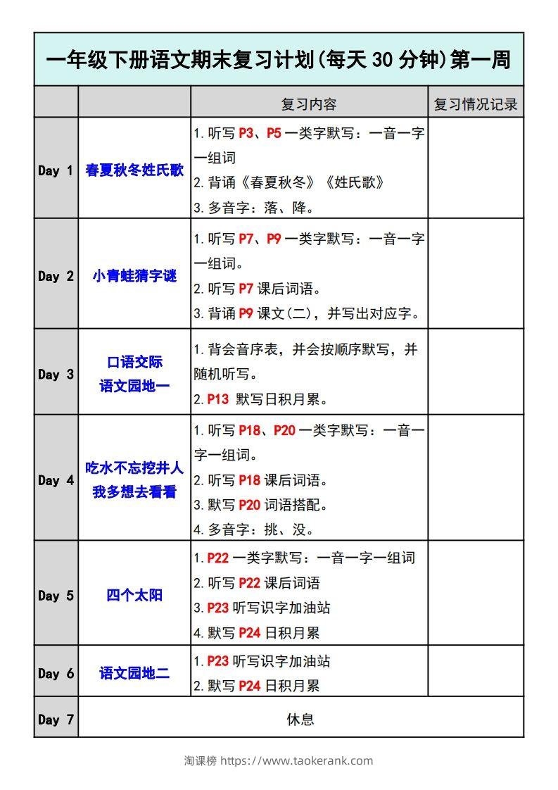—年级下册语文期末复习计划-淘课榜