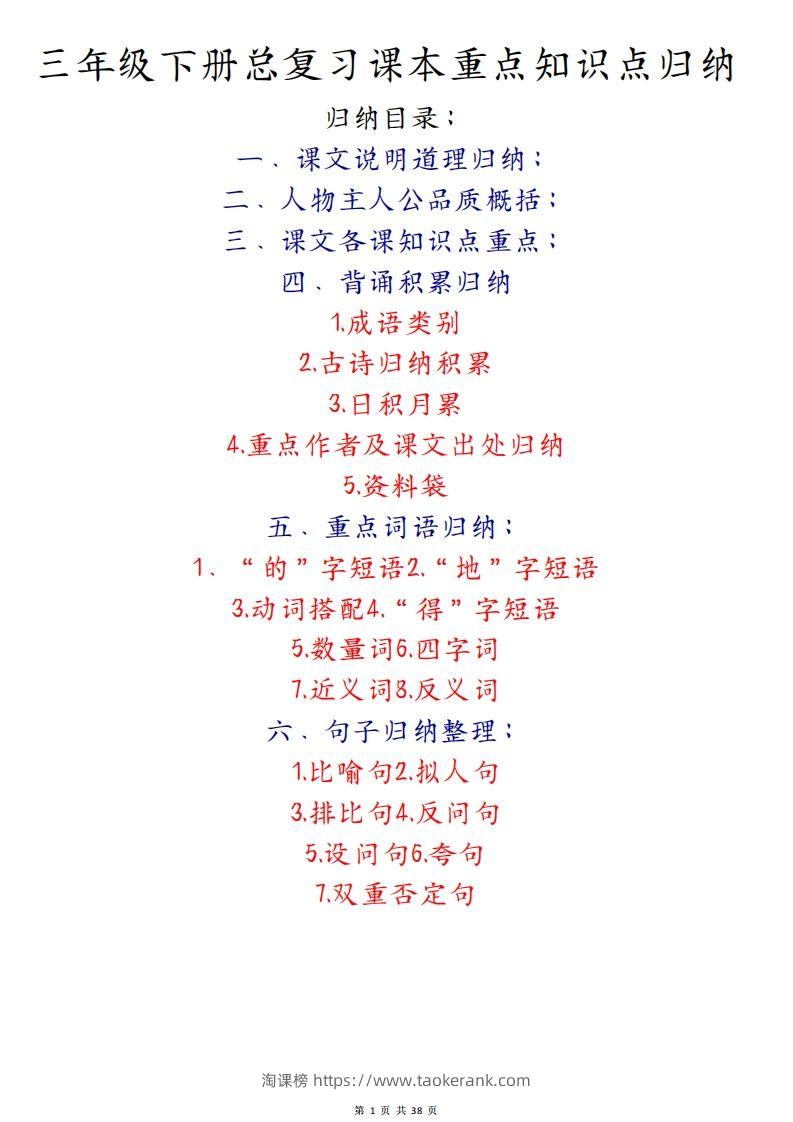 期末复习重点知识汇总三下语文-淘课榜