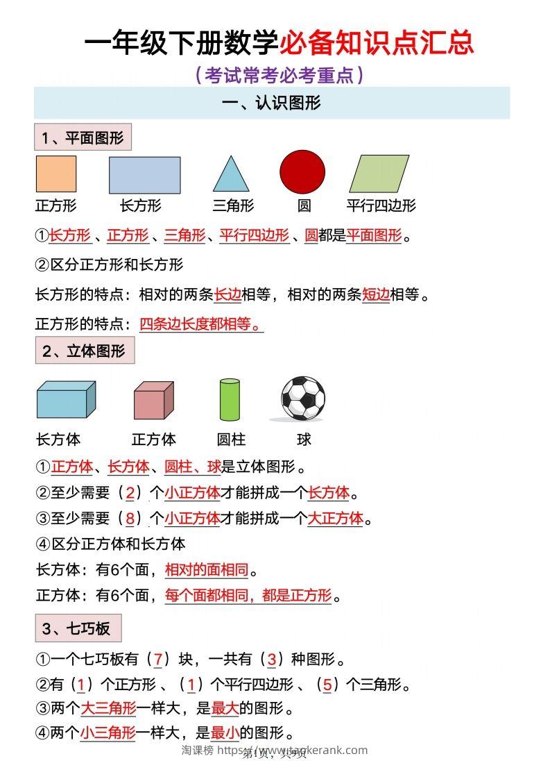 数学一年级下册必背知识点汇总-淘课榜