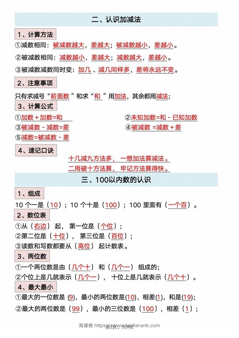 图片[2]-数学一年级下册必背知识点汇总-淘课榜