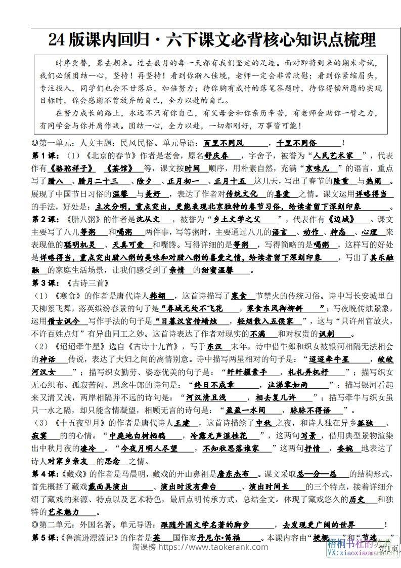 六年级下册课文必背核心知识点梳理-淘课榜