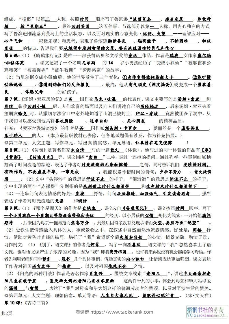 图片[2]-六年级下册课文必背核心知识点梳理-淘课榜