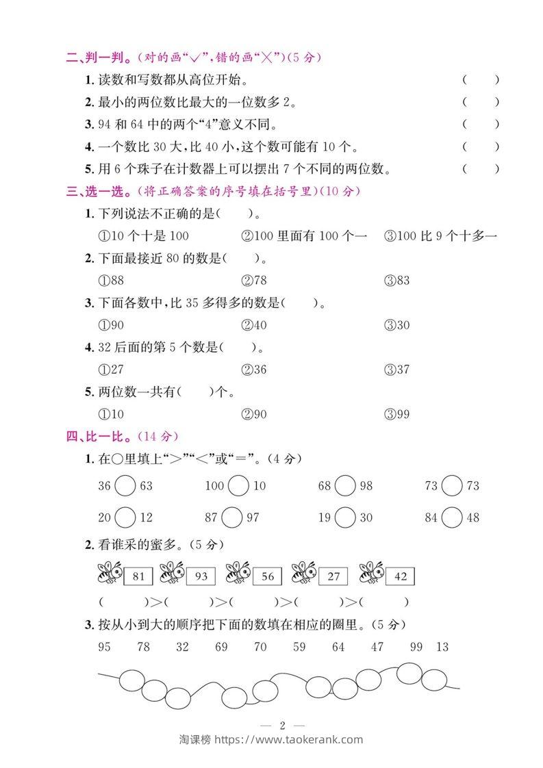 图片[2]-一年级数学下册期末五大专项复习测试卷-淘课榜