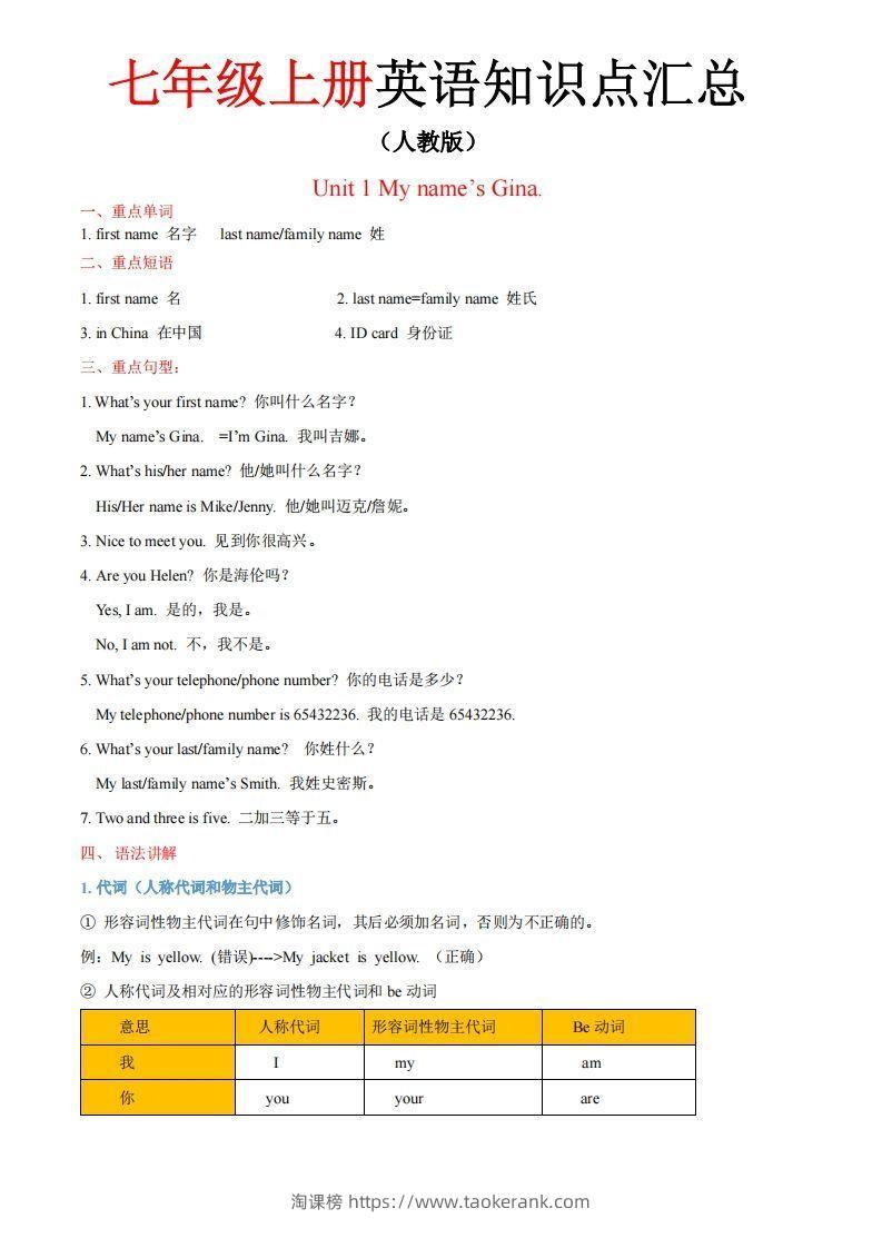 人教版七年级上册英语知识点汇总（一册全）-淘课榜