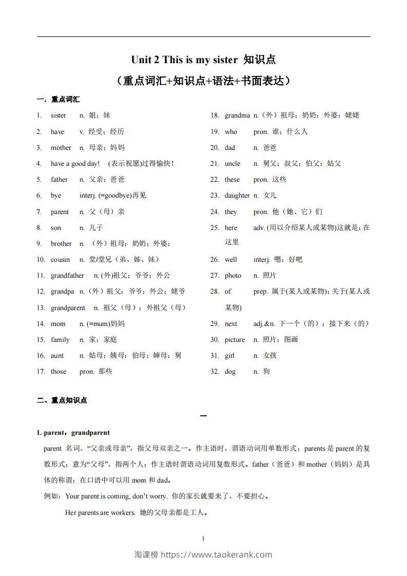 人教版英语七年级上Unit2Thisismysister.知识点_-淘课榜