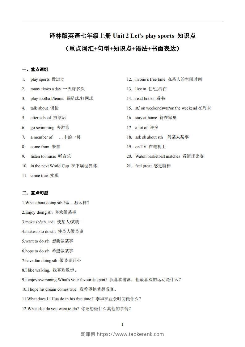 译林版英语七年级上册Unit2Let’splaysports知识点_-淘课榜