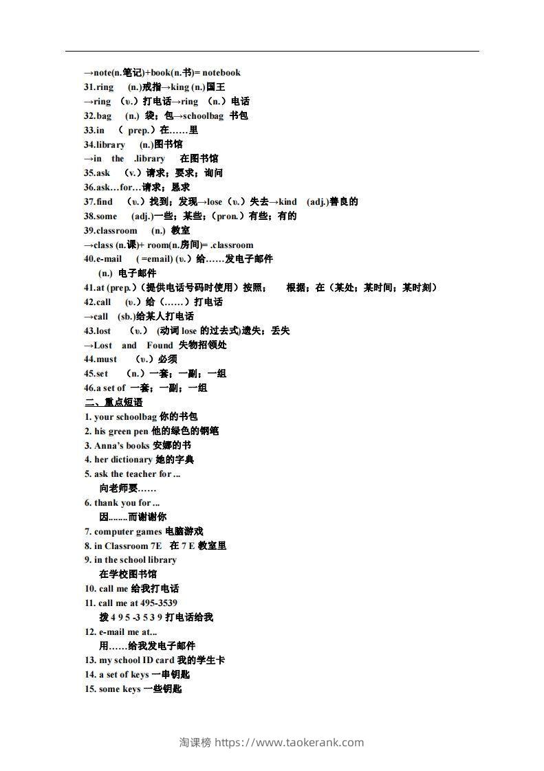 图片[2]-3.人教版七年级上英语Unit3复习提纲-淘课榜