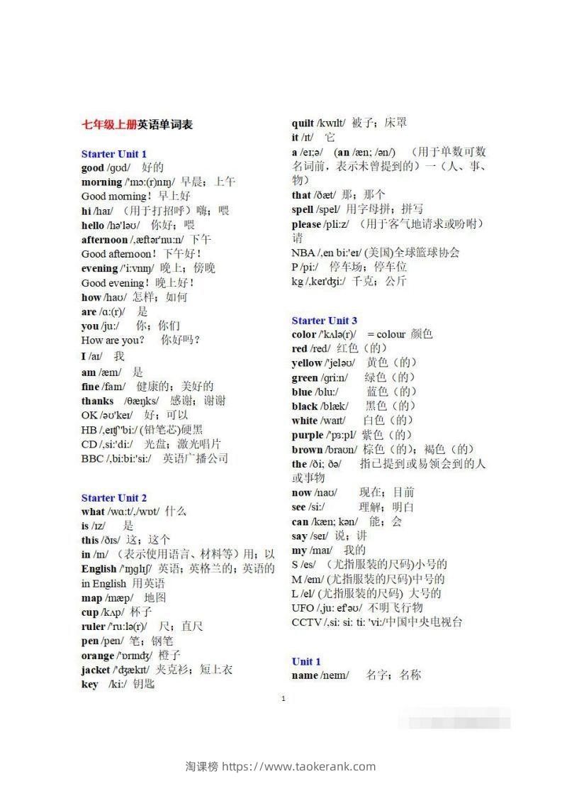 初一英语上册：全册《单词表》（分单元、带音标、词意）-淘课榜