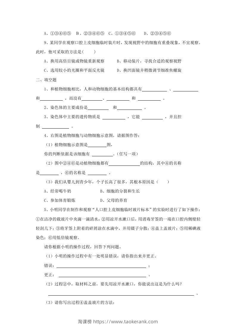 图片[2]-七年级上册生物第二单元第一章第三节试卷及答案(Word版)-淘课榜